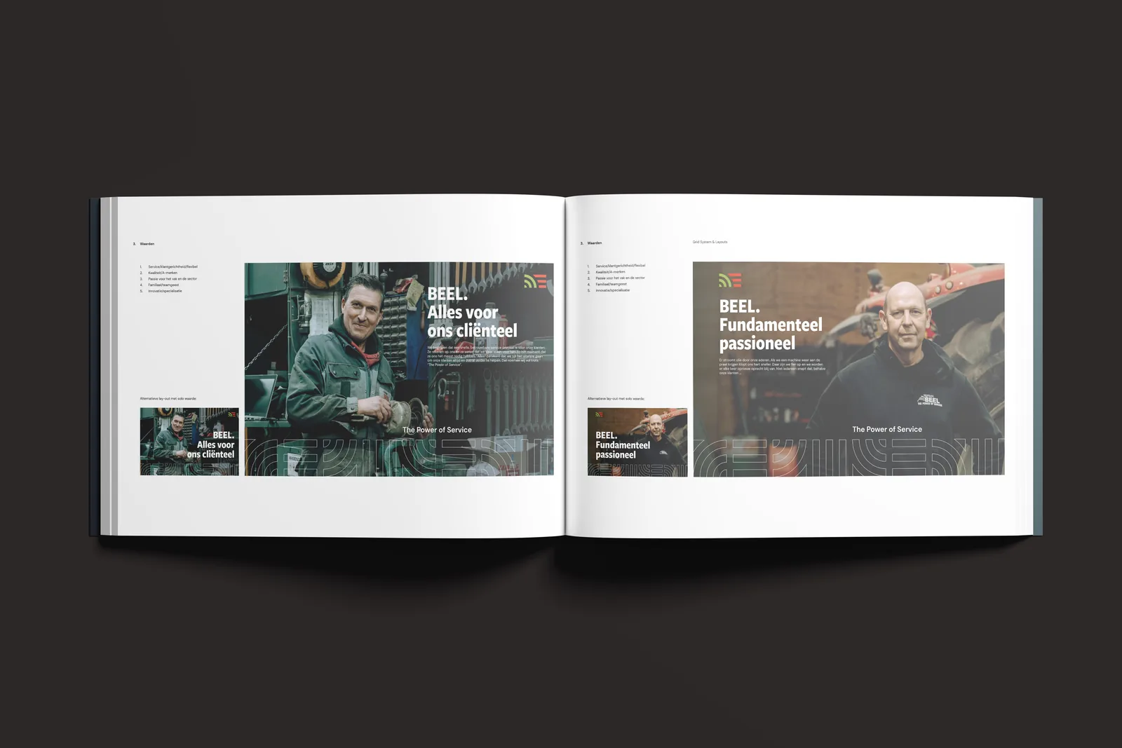 De fotografiespread van het brandbook: 'BEEL. Alles voor ons cliënteel' bij een monteur in de werkplaats en 'BEEL. Fundamenteel passioneel' bij een medewerker naast een tractor.