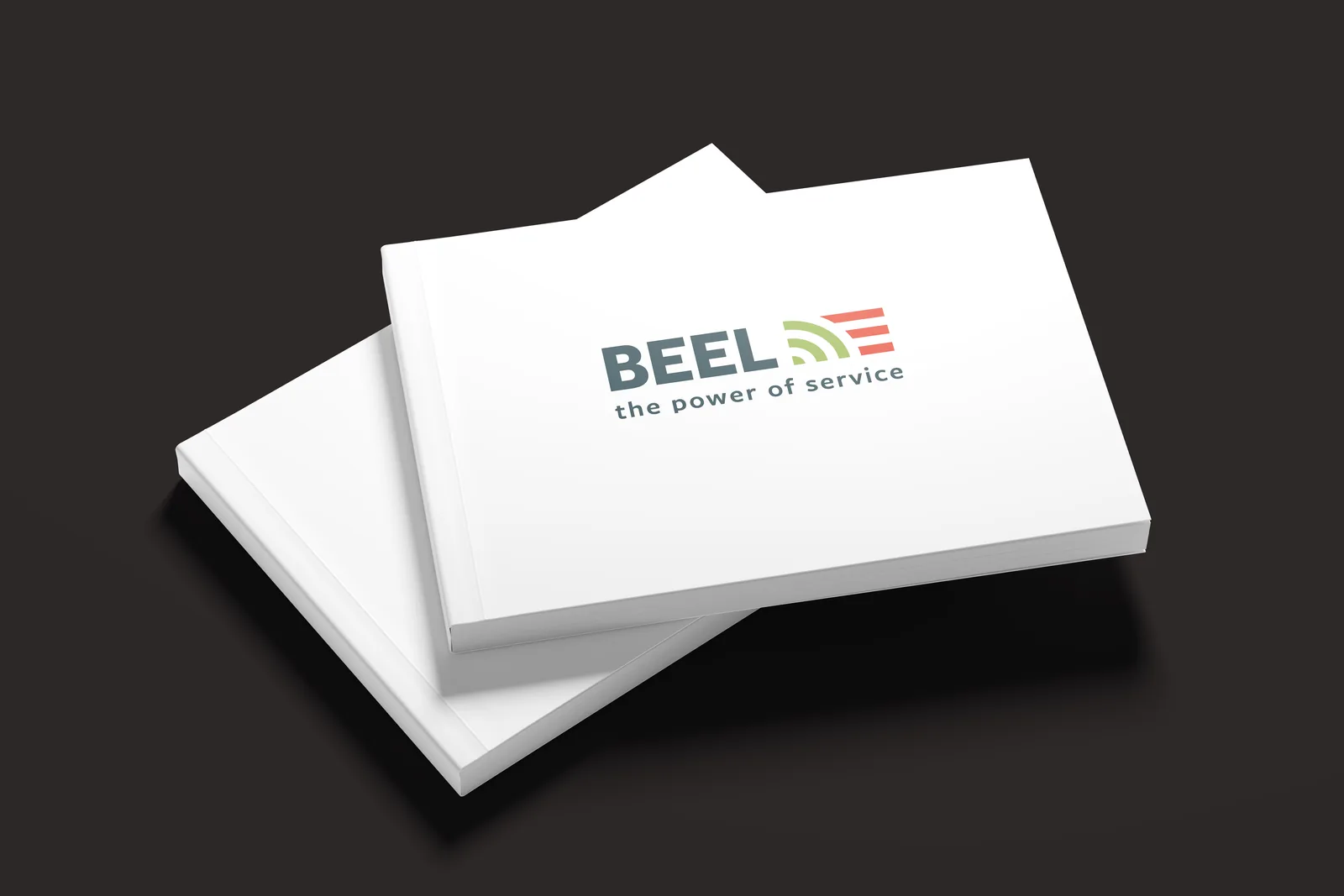 Twee exemplaren van het brandbook, gestapeld op zwart, met het BEEL-logo op de cover.