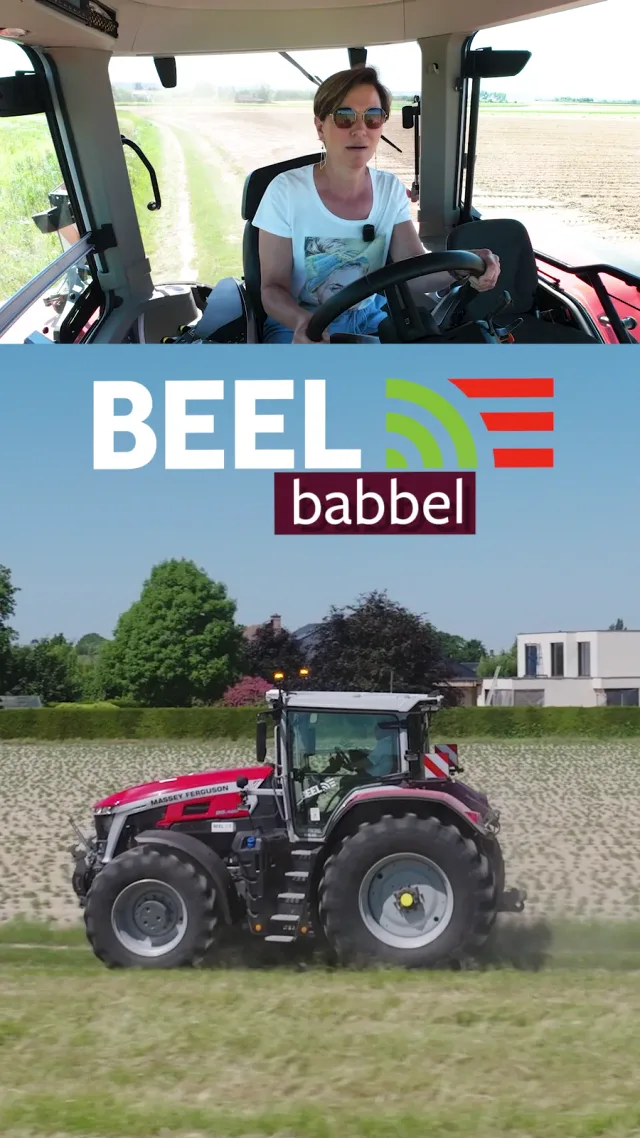 BEEL babbel-snackvideo: de presentatrice in de tractorcabine boven een rode tractor in het veld.