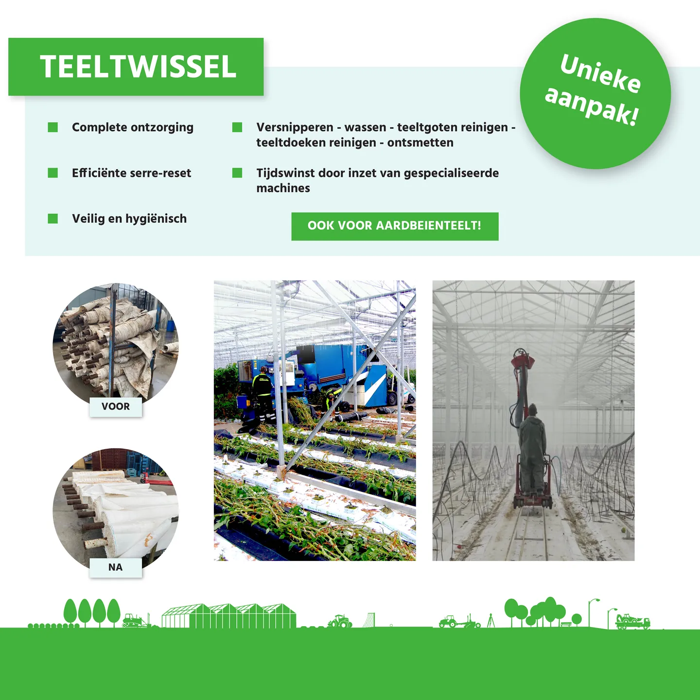 De Horticontact-beurswand 2024 over teeltwissel: 'TEELTWISSEL' op groen boven de voordelen, de sticker 'Unieke aanpak!' en foto's van de teeltdoeken voor en na naast de machines in de serre.