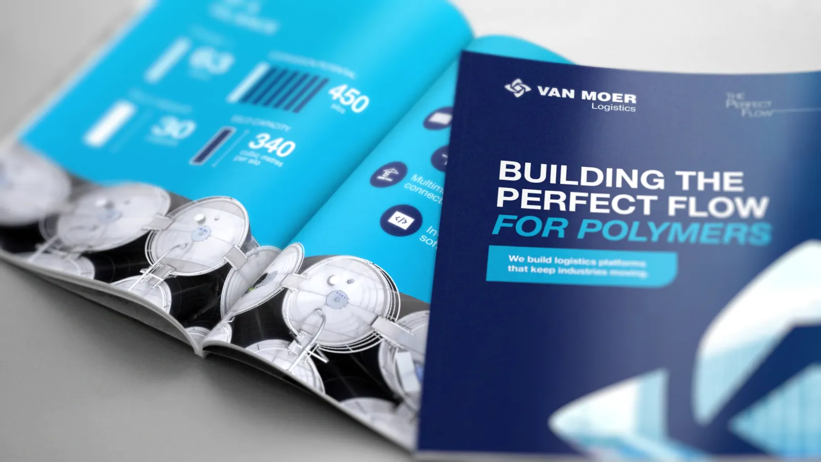 De Polymer Hub-brochure op tafel: de donkerblauwe cover met Building the perfect flow for polymers naast de opengeslagen spread met de silo-infographics.